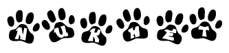 The image shows a row of animal paw prints, each containing a letter. The letters spell out the word Nukhet within the paw prints.