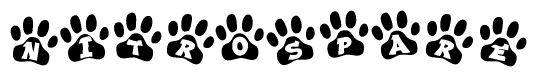 The image shows a series of animal paw prints arranged horizontally. Within each paw print, there's a letter; together they spell Nitrospare