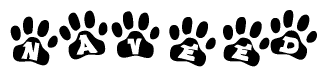 The image shows a row of animal paw prints, each containing a letter. The letters spell out the word Naveed within the paw prints.