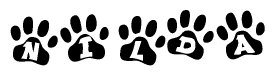 The image shows a series of animal paw prints arranged horizontally. Within each paw print, there's a letter; together they spell Nilda