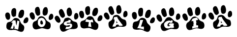 The image shows a series of animal paw prints arranged in a horizontal line. Each paw print contains a letter, and together they spell out the word Nostalgia.
