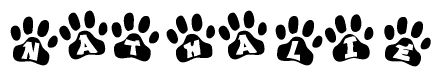 The image shows a row of animal paw prints, each containing a letter. The letters spell out the word Nathalie within the paw prints.