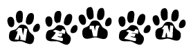 The image shows a row of animal paw prints, each containing a letter. The letters spell out the word Neven within the paw prints.