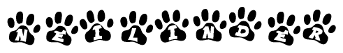 The image shows a row of animal paw prints, each containing a letter. The letters spell out the word Neilinder within the paw prints.