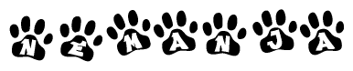 The image shows a series of animal paw prints arranged in a horizontal line. Each paw print contains a letter, and together they spell out the word Nemanja.