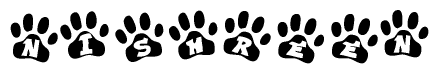 The image shows a series of animal paw prints arranged in a horizontal line. Each paw print contains a letter, and together they spell out the word Nishreen.