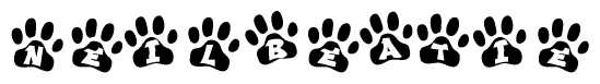 The image shows a series of animal paw prints arranged horizontally. Within each paw print, there's a letter; together they spell Neilbeatie