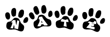The image shows a row of animal paw prints, each containing a letter. The letters spell out the word Nate within the paw prints.