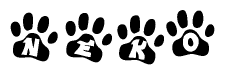 The image shows a series of animal paw prints arranged horizontally. Within each paw print, there's a letter; together they spell Neko