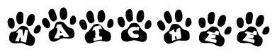 The image shows a series of animal paw prints arranged horizontally. Within each paw print, there's a letter; together they spell Naichee