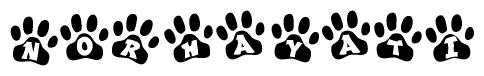 The image shows a row of animal paw prints, each containing a letter. The letters spell out the word Norhayati within the paw prints.