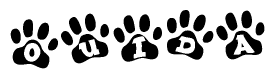 The image shows a series of animal paw prints arranged horizontally. Within each paw print, there's a letter; together they spell Ouida