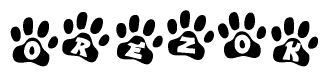 The image shows a series of animal paw prints arranged horizontally. Within each paw print, there's a letter; together they spell Orezok