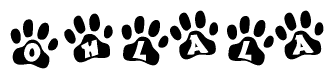The image shows a series of animal paw prints arranged in a horizontal line. Each paw print contains a letter, and together they spell out the word Ohlala.