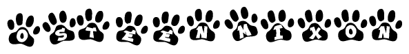 The image shows a series of animal paw prints arranged in a horizontal line. Each paw print contains a letter, and together they spell out the word Osteenmixon.