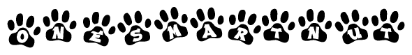 The image shows a row of animal paw prints, each containing a letter. The letters spell out the word Onesmartnut within the paw prints.