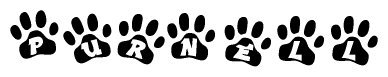 The image shows a series of animal paw prints arranged in a horizontal line. Each paw print contains a letter, and together they spell out the word Purnell.