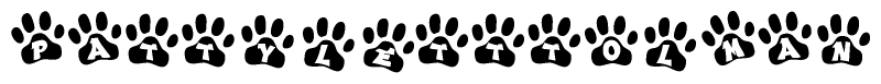 The image shows a row of animal paw prints, each containing a letter. The letters spell out the word Pattyletttolman within the paw prints.
