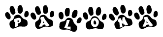 The image shows a series of animal paw prints arranged in a horizontal line. Each paw print contains a letter, and together they spell out the word Paloma.