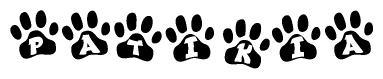 The image shows a series of animal paw prints arranged horizontally. Within each paw print, there's a letter; together they spell Patikia
