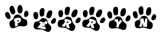 The image shows a row of animal paw prints, each containing a letter. The letters spell out the word Perryn within the paw prints.