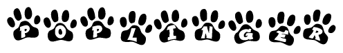 The image shows a series of animal paw prints arranged in a horizontal line. Each paw print contains a letter, and together they spell out the word Poplinger.