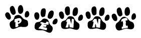 The image shows a row of animal paw prints, each containing a letter. The letters spell out the word Penni within the paw prints.