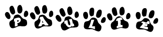 The image shows a row of animal paw prints, each containing a letter. The letters spell out the word Paulie within the paw prints.