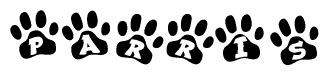 The image shows a series of animal paw prints arranged horizontally. Within each paw print, there's a letter; together they spell Parris
