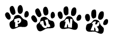 The image shows a series of animal paw prints arranged horizontally. Within each paw print, there's a letter; together they spell Punk