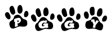 The image shows a row of animal paw prints, each containing a letter. The letters spell out the word Pggy within the paw prints.