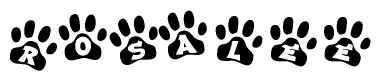 The image shows a row of animal paw prints, each containing a letter. The letters spell out the word Rosalee within the paw prints.