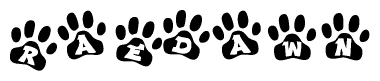 The image shows a series of animal paw prints arranged in a horizontal line. Each paw print contains a letter, and together they spell out the word Raedawn.