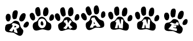 The image shows a row of animal paw prints, each containing a letter. The letters spell out the word Roxanne within the paw prints.