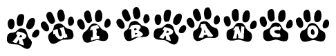 The image shows a series of animal paw prints arranged horizontally. Within each paw print, there's a letter; together they spell Ruibranco