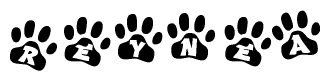 The image shows a row of animal paw prints, each containing a letter. The letters spell out the word Reynea within the paw prints.