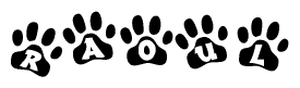 The image shows a series of animal paw prints arranged in a horizontal line. Each paw print contains a letter, and together they spell out the word Raoul.