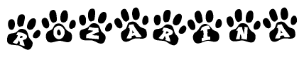 The image shows a series of animal paw prints arranged in a horizontal line. Each paw print contains a letter, and together they spell out the word Rozarina.