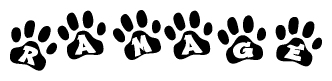The image shows a row of animal paw prints, each containing a letter. The letters spell out the word Ramage within the paw prints.