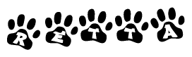 The image shows a series of animal paw prints arranged horizontally. Within each paw print, there's a letter; together they spell Retta