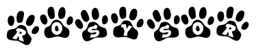The image shows a series of animal paw prints arranged in a horizontal line. Each paw print contains a letter, and together they spell out the word Rosysor.