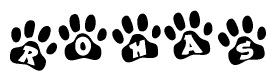 The image shows a series of animal paw prints arranged in a horizontal line. Each paw print contains a letter, and together they spell out the word Rohas.