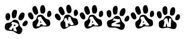 The image shows a series of animal paw prints arranged horizontally. Within each paw print, there's a letter; together they spell Ramazan