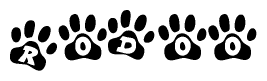 The image shows a row of animal paw prints, each containing a letter. The letters spell out the word Rodoo within the paw prints.