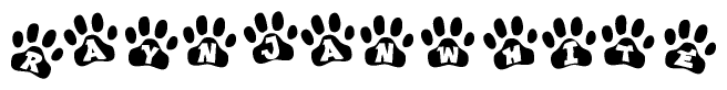 The image shows a series of animal paw prints arranged horizontally. Within each paw print, there's a letter; together they spell Raynjanwhite