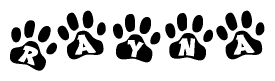The image shows a row of animal paw prints, each containing a letter. The letters spell out the word Rayna within the paw prints.