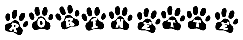 The image shows a series of animal paw prints arranged horizontally. Within each paw print, there's a letter; together they spell Robinette