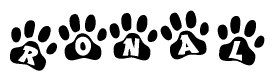 The image shows a series of animal paw prints arranged in a horizontal line. Each paw print contains a letter, and together they spell out the word Ronal.