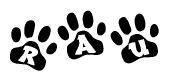 The image shows a series of animal paw prints arranged horizontally. Within each paw print, there's a letter; together they spell Rau