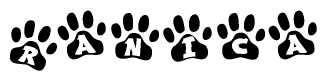 The image shows a series of animal paw prints arranged in a horizontal line. Each paw print contains a letter, and together they spell out the word Ranica.